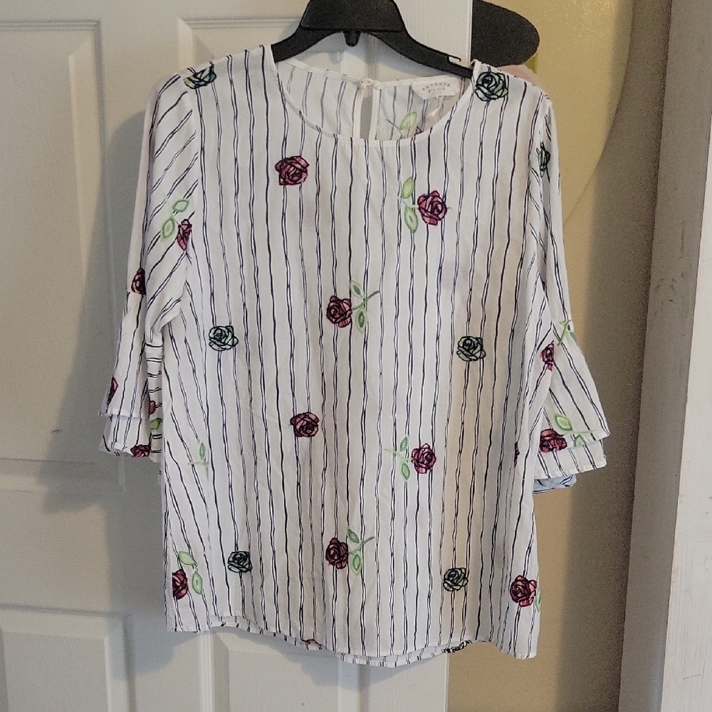Janette Plus Sz1xl Cotton White Top Navy Stripe Embroidered floweres bell sleeve